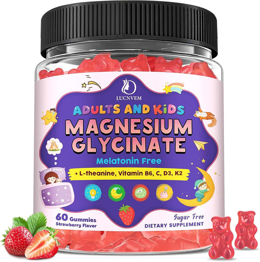 Magnesium Glycinate Gummies for Kids 4+ & Adults- Magnesium Glycinate 150/300 mg for Natural Sleep, Relaxation & Calm Support, Melatonin Free, Sugar Free Strawberry Flavor, 60 Ct