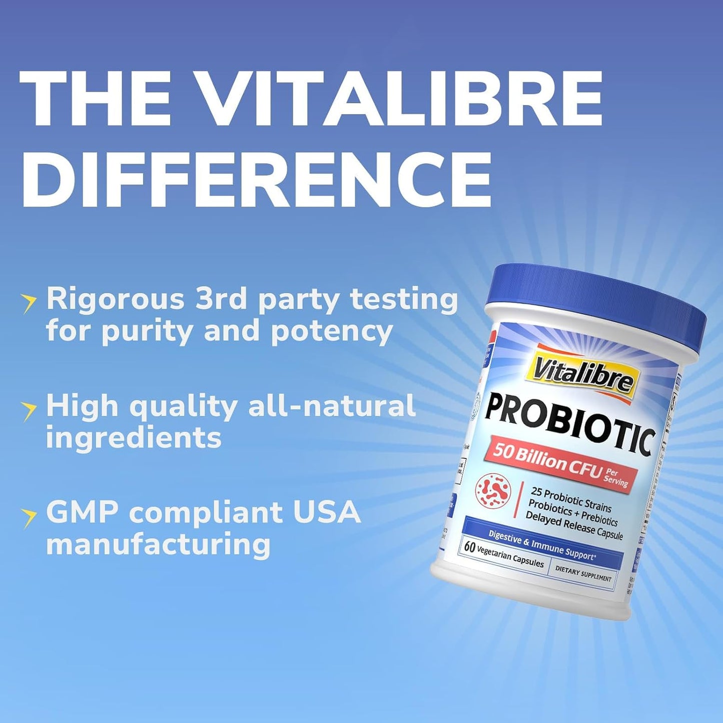 Vitalibre Probiotic for Women and Men, 50 Billion CFU, 25 Diverse Strains Plus Prebiotics, for Digestive Health & Immune Support, Delayed Release, No Refrigeration Needed, 60 Veggie Capsules
