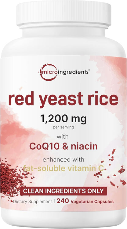 Micro Ingredients Red Yeast Rice with CoQ10 1200mg, 240 Veggie Capsules | Cholesterol Support & Heart Health Supplements* | 4-in-1 with Flush Free Niacin & Fat Soluble Vitamin C | Filler Free, Non-GMO