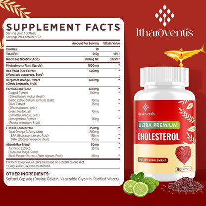 Itharoventis Cholesterol Lowering Supplements with Red Yeast Rice | Plant Sterols Supplement With Omega-3, Bergamot & Garlic, Advanced Formula, 90 Softgels