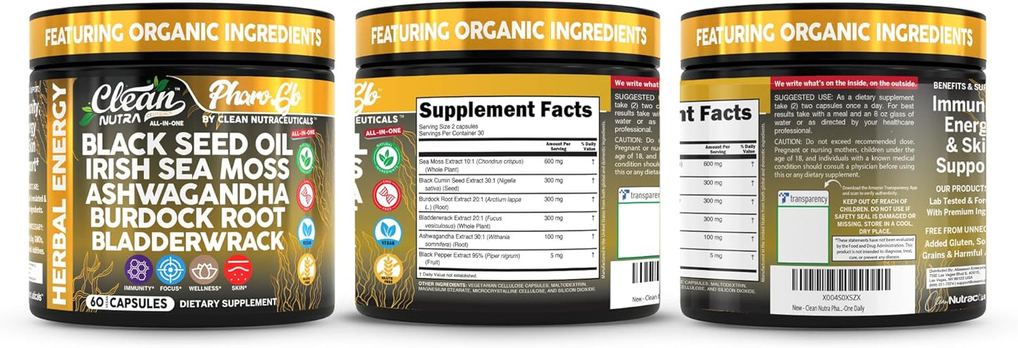 Clean Nutra Black Seed Oil Capsules + Sea Moss Ashwagandha Burdock Root Bladderwrack Seaweed Skin Detox Stress Relief Immune Support Focus Supplement Nigella Sativa 60 Pills