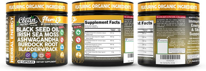 Clean Nutra Black Seed Oil Capsules + Sea Moss Ashwagandha Burdock Root Bladderwrack Seaweed Skin Detox Stress Relief Immune Support Focus Supplement Nigella Sativa 60 Pills
