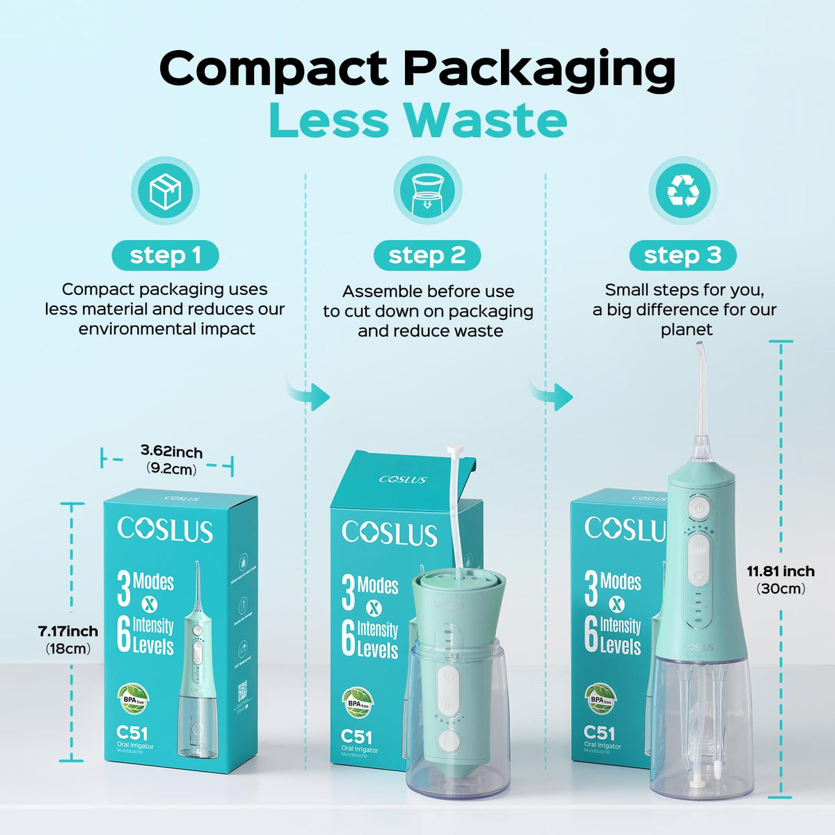 COSLUS ADA Accepted C51 Water Dental Flosser, 3 Modes 6 Pressure, White