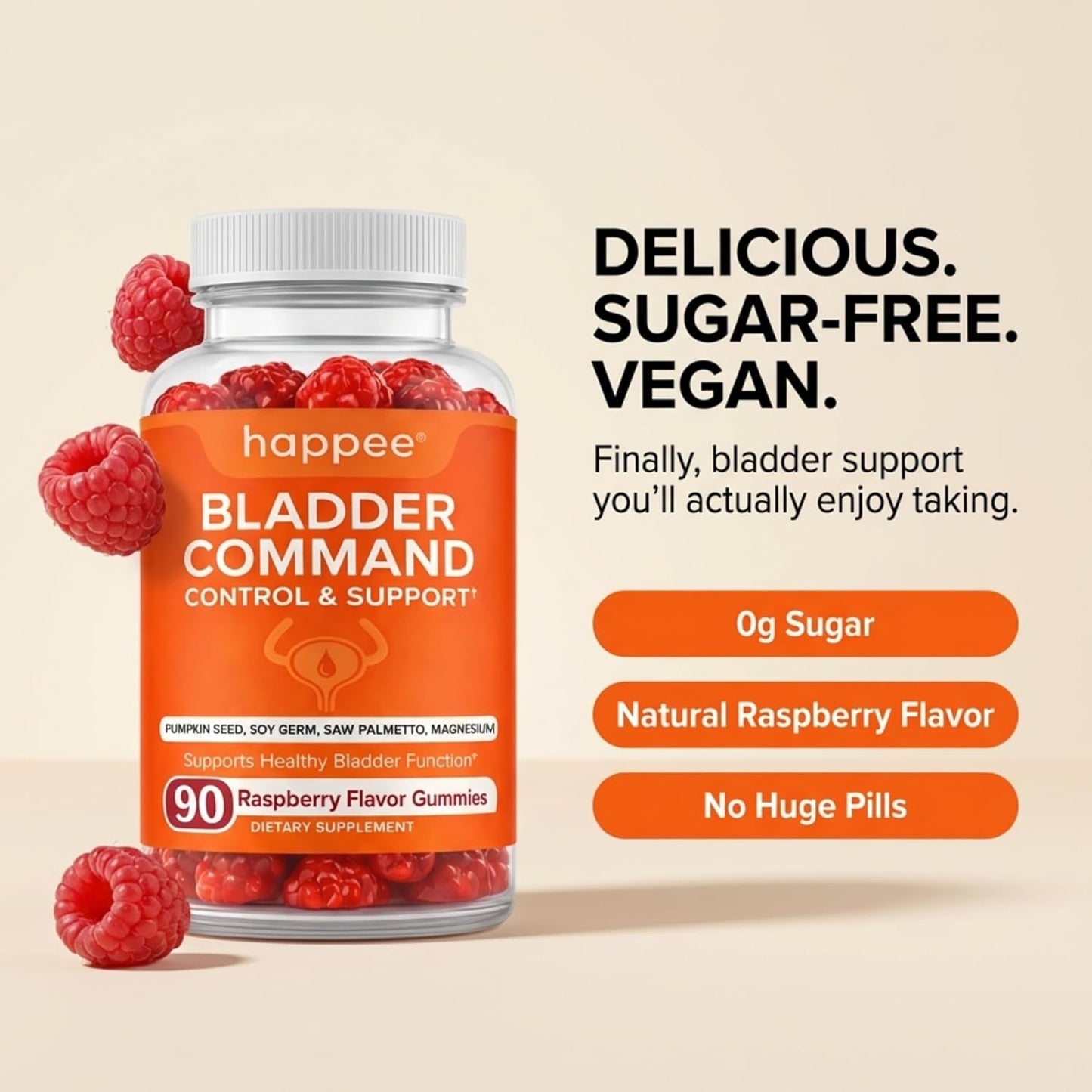 Happee Bladder Control Gummies Supplement Women & Men, Day & Night 90 ct | Daily Bladder Support & Urinary Tract Health, 4-in-1 Pumpkin Seed Extract & Soy Germ, 90 Berry Gummies