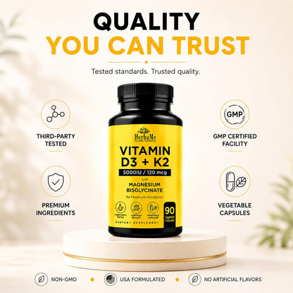HerbaMe Vitamin D3 5000 IU + K2 with Magnesium Bisglycinate | Complete D3 Activation & Absorption Support Formula | Bone, Muscle & Immune Wellness | 90 Capsules