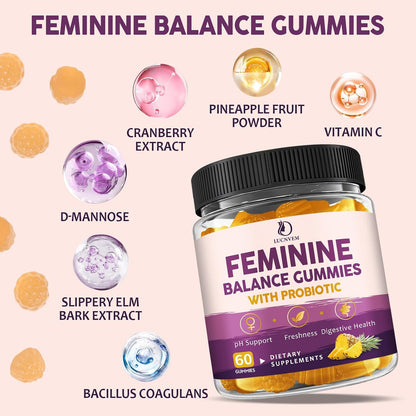 Feminine Balance Probiotic Gummies for Women – Support Vaginal Health, pH Balance, Freshness & Digestive Health – with Pineapple, Slippery Elm, Cranberry, D-Mannose – Sugar-Free, Pineapple Flavor