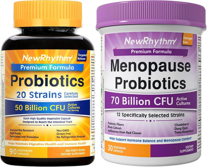 NewRhythm Probiotics 50 Billion CFU 20 Strains, 90 Veggie Capsules and Menopause Probiotics for Women 30 Ct