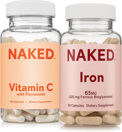 Naked Iron + Vitamin C Bundle – High-Potency Supplement for Deficiency, Energy Support, Red Blood Cell & Daily Antioxidant Immune Support – 65 mg Iron (60 Caps) + 500 mg Vitamin C (90 Caps)