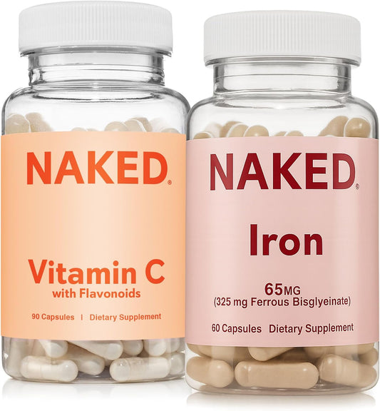 Naked Iron + Vitamin C Bundle – High-Potency Supplement for Deficiency, Energy Support, Red Blood Cell & Daily Antioxidant Immune Support – 65 mg Iron (60 Caps) + 500 mg Vitamin C (90 Caps)