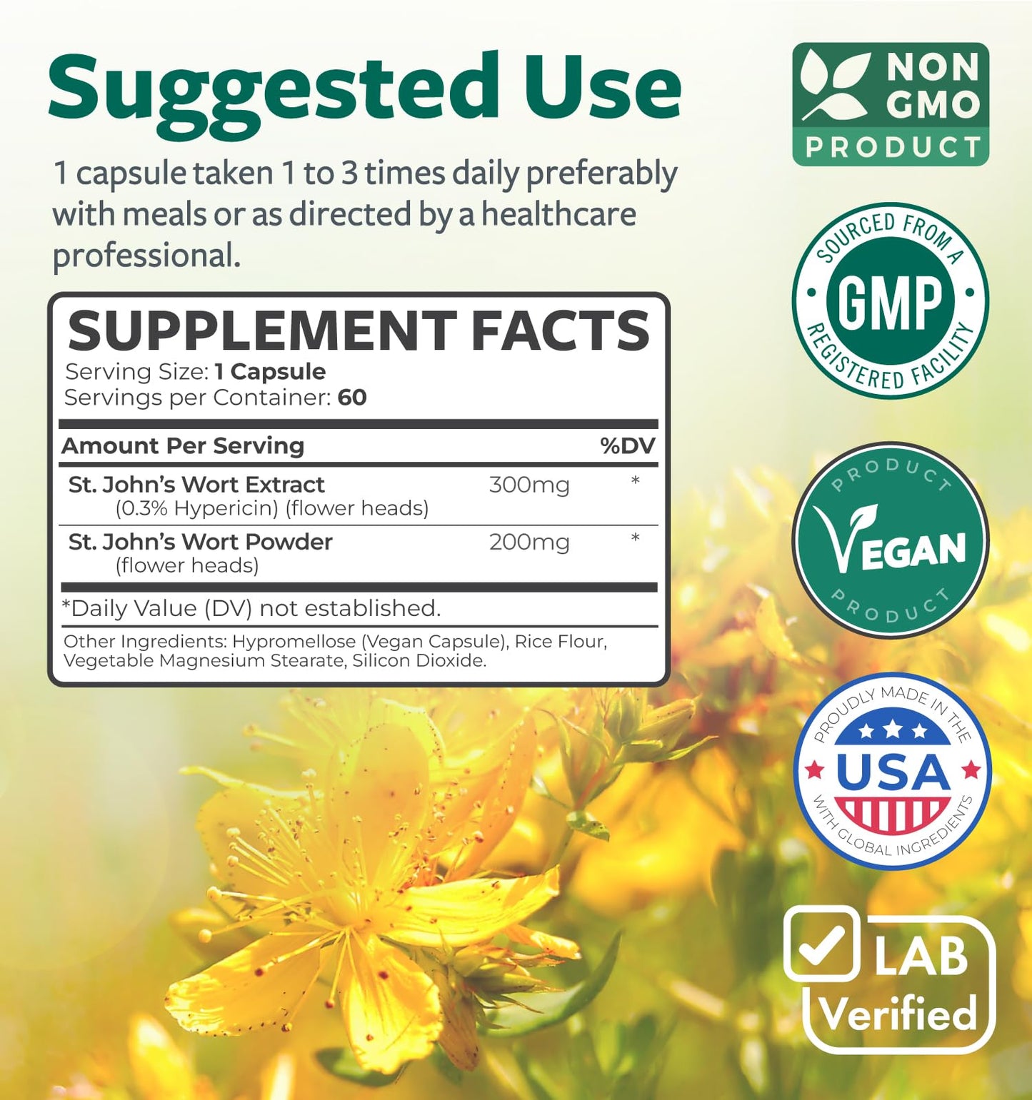 St John's Wort Capsules - Powerful & Potent Saint John's Wort Extract & Whole Herb Complex Standardized to 900mcg Hypericin for Balancing Daily Mood Support - Vegan Non-GMO & Lab Verified (120 Caps)