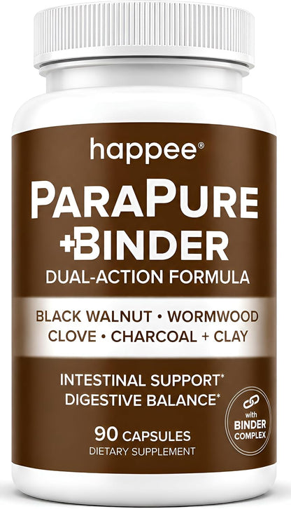 Happee ParaPure Cleanse with Binder for Humans, Intestinal Support, 2-in-1 | Wormwood, Black Walnut, Clove with Charcoal Binder for Digestive Balance (No Stack Needed) 90 Capsules