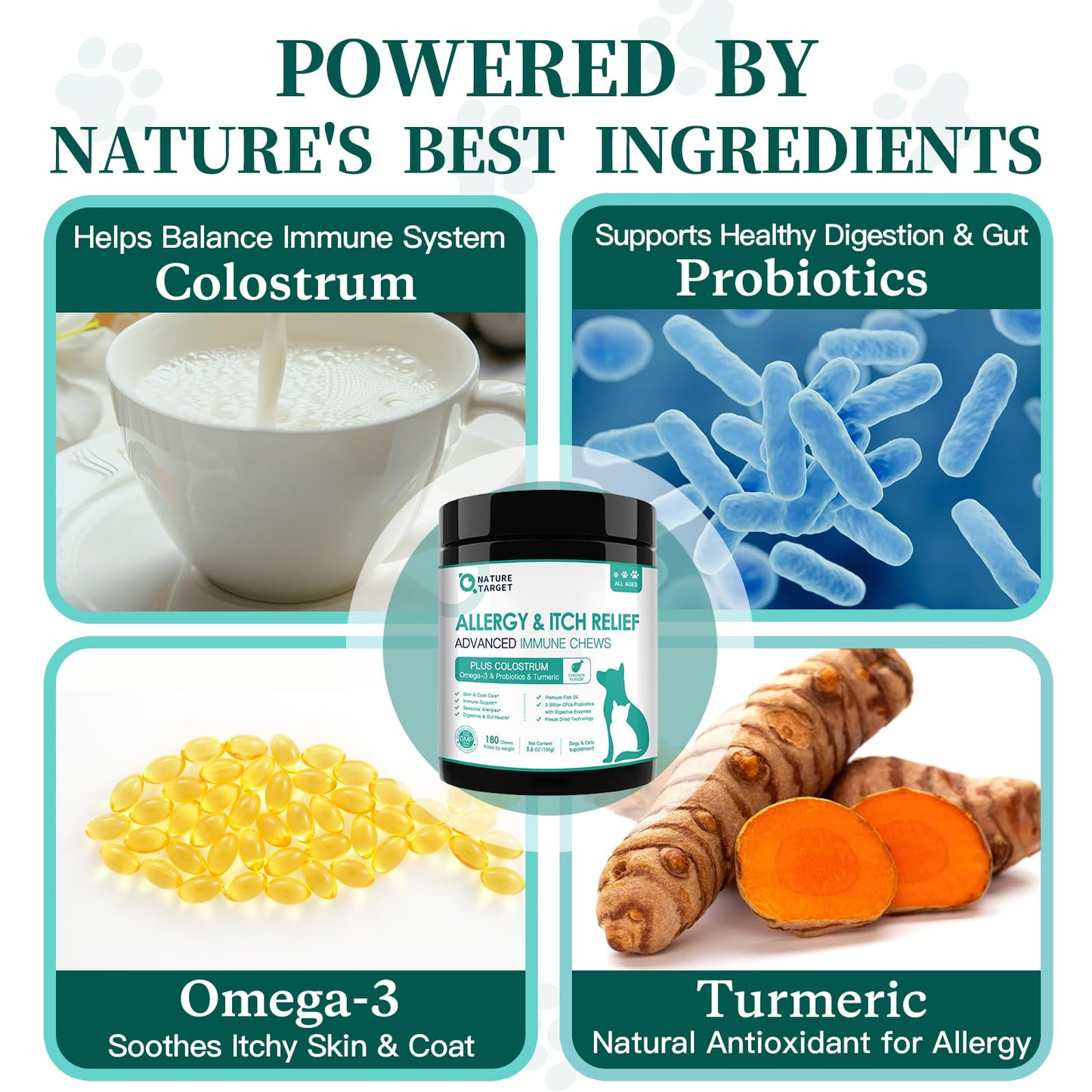 NATURE TARGET Dog Allergy Chews, Skin & Gut, Real Chicken, Freeze-Dried | Probiotics & Colostrum, Omega 3, Soothes Hot Spots, Stops Paw Licking, Digestive Health, Daily Immune Support, 120 Chews
