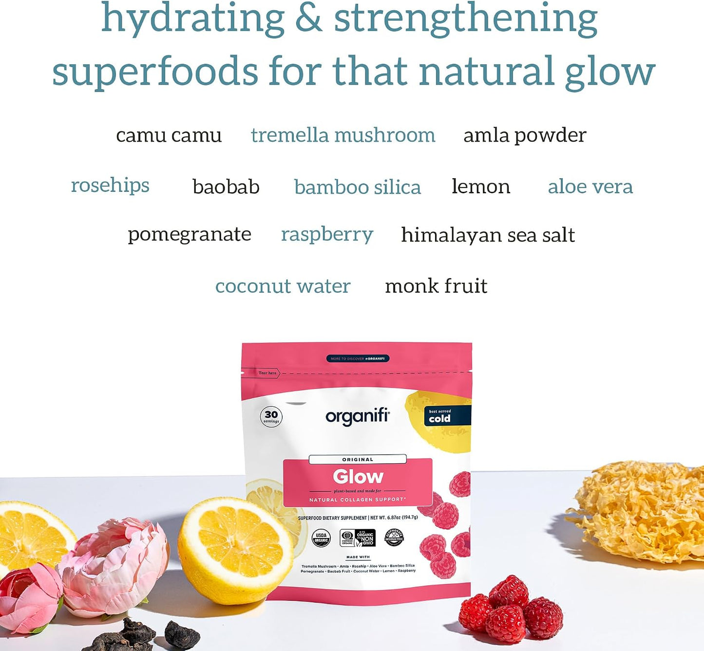 Organifi Glow - Vegan Collagen Powder for Women - Organic Flavored Water Ingredient, 30 Servings