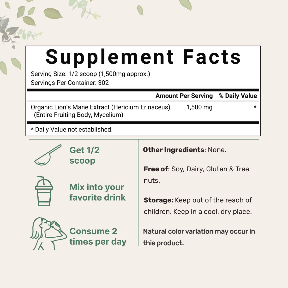 Micro Ingredients Organic Lions Mane Mushroom Supplement Powder 16 Ounce