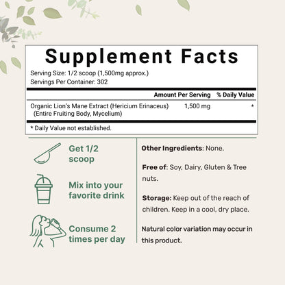 Micro Ingredients Organic Lions Mane Mushroom Supplement Powder 16 Ounce