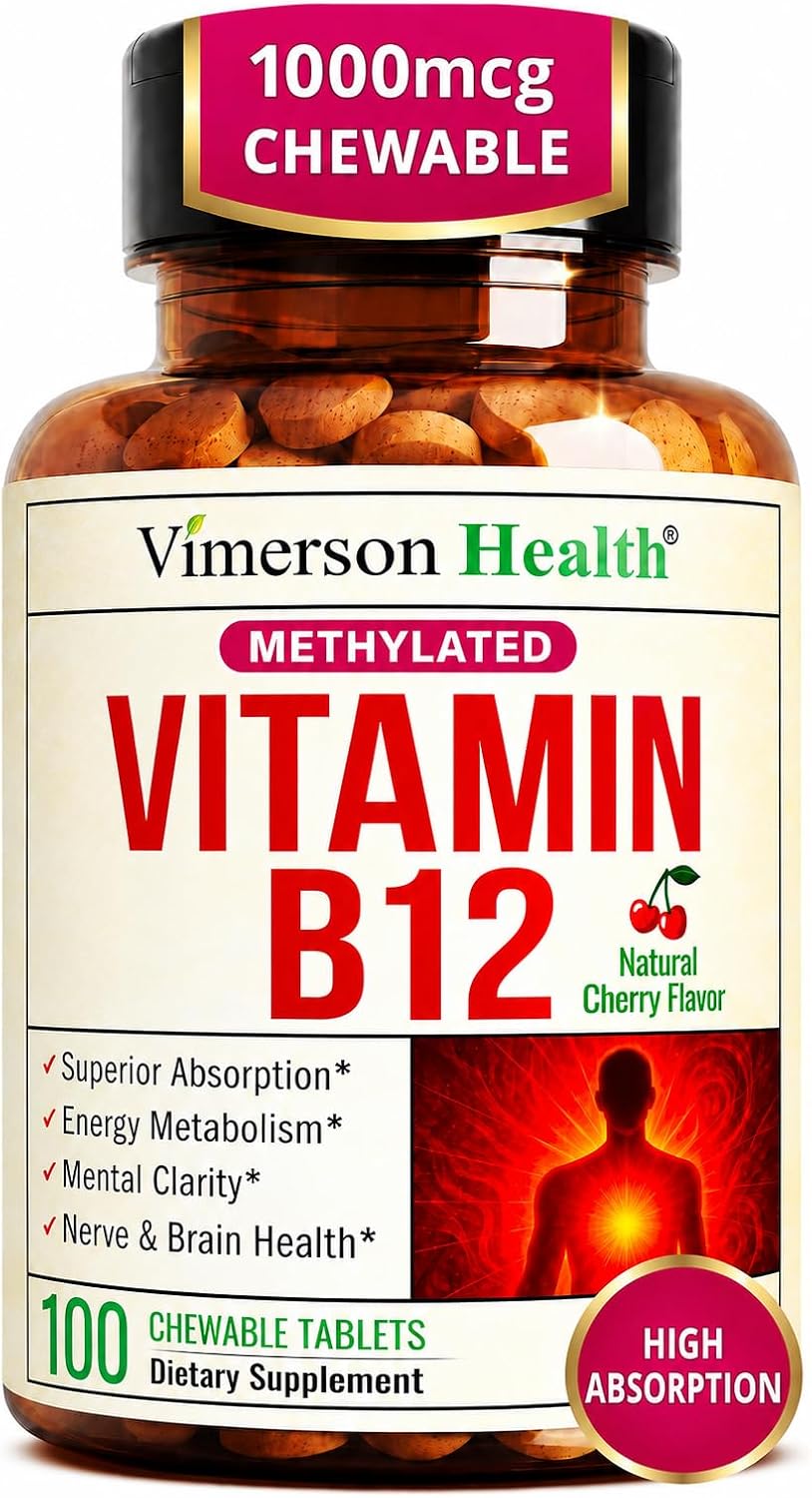 Vitamin B12 1000 mcg – Chewable Methylated B12 (Methylcobalamin B12) for Energy & Metabolism Support – Methylated B Complex for Superior Absorption – 100 Natural Cherry-Flavored Tablets - Vegan
