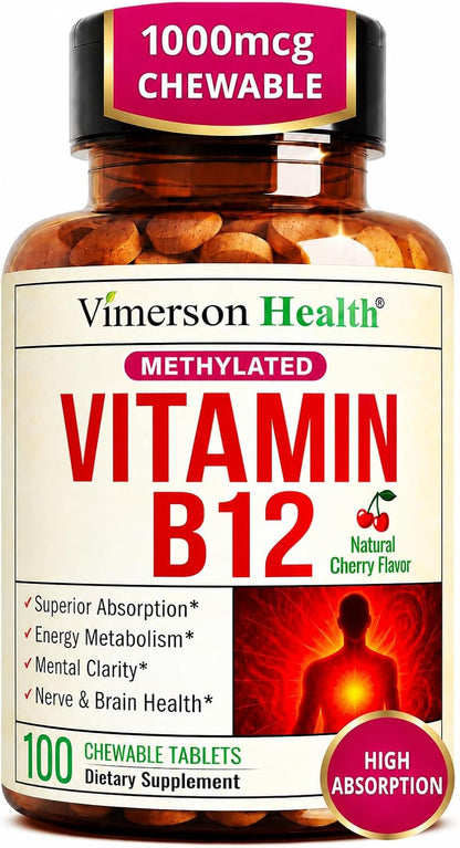 Vitamin B12 1000 mcg – Chewable Methylated B12 (Methylcobalamin B12) for Energy & Metabolism Support – Methylated B Complex for Superior Absorption – 100 Natural Cherry-Flavored Tablets - Vegan