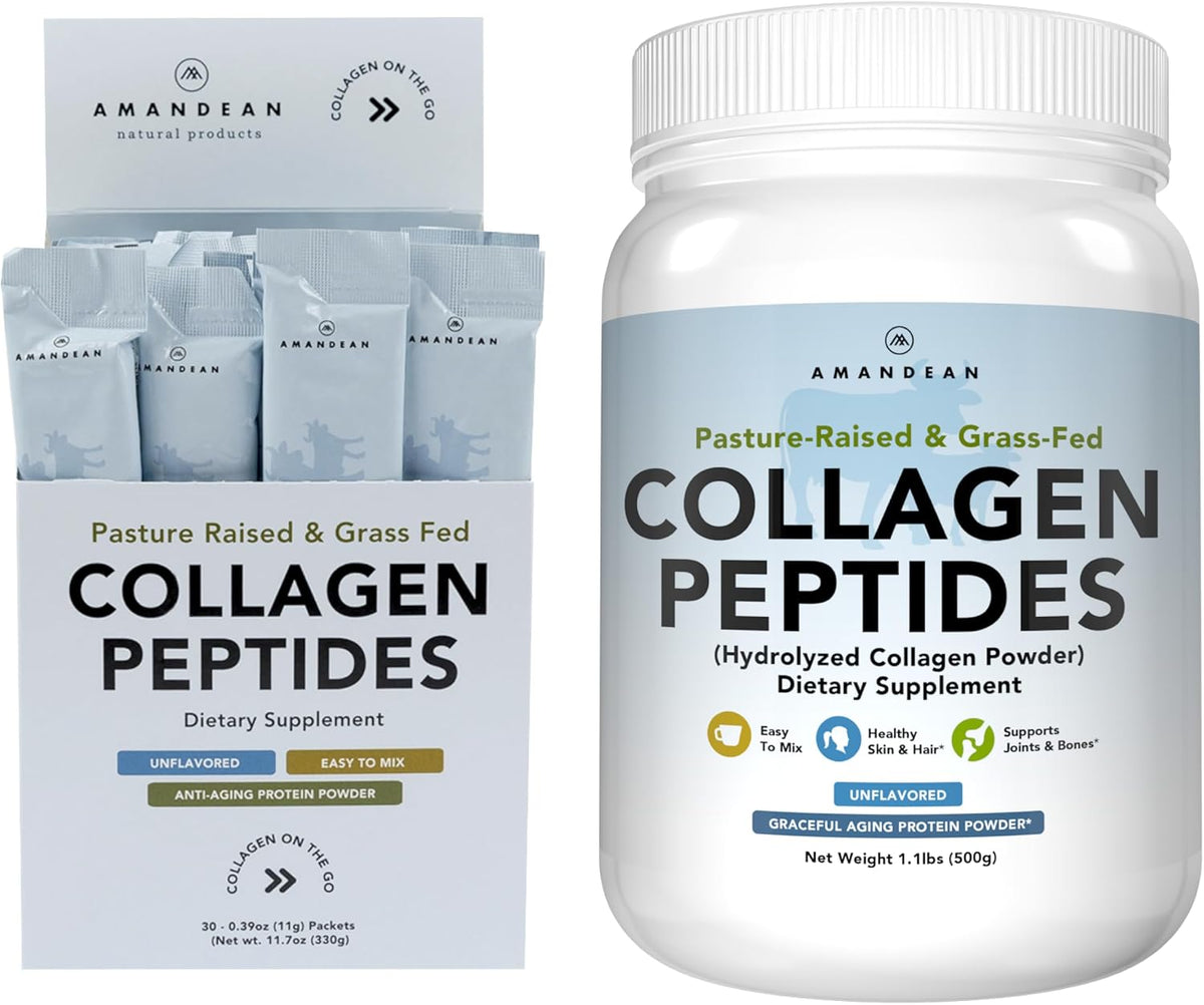 AMANDEAN Collagen Peptides Bundle. 1kg & Stick Packs. Grass-Fed, Enzymatically Hydrolyzed, Type 1 & 3. Protein with 18 Amino Acids for Healthy Skin, Hair, Nails. Easy to Mix, Unflavored, Non-GMO