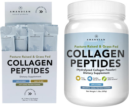 AMANDEAN Collagen Peptides Bundle. 1kg & Stick Packs. Grass-Fed, Enzymatically Hydrolyzed, Type 1 & 3. Protein with 18 Amino Acids for Healthy Skin, Hair, Nails. Easy to Mix, Unflavored, Non-GMO
