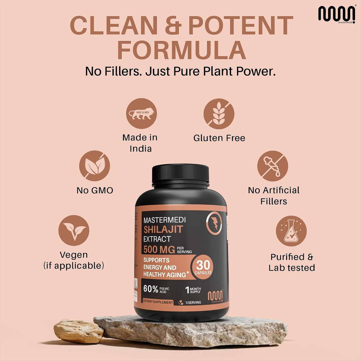 MasterMedi Shilajit 500mg – Himalayan Extract Standardized to Fulvic Acid – Energy, Stamina & Vitality Support – 30 Vegan Capsules – Non-GMO, Gluten-Free, No Fillers