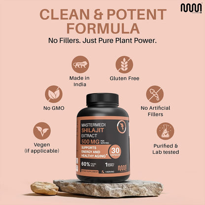 MasterMedi Shilajit 500mg – Himalayan Extract Standardized to Fulvic Acid – Energy, Stamina & Vitality Support – 30 Vegan Capsules – Non-GMO, Gluten-Free, No Fillers