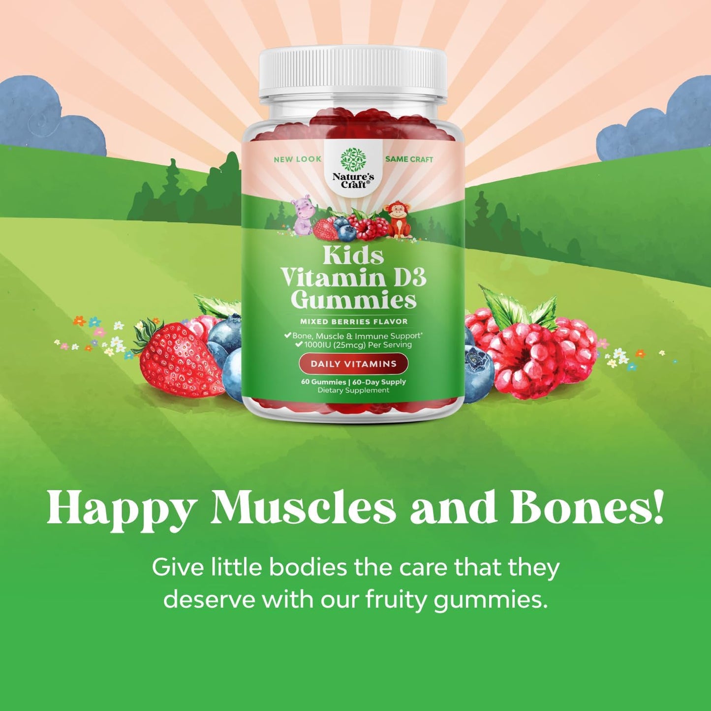 Chewable Vitamin D Gummies for Kids - Delicious Vitamin D 1000 IU Per Serving - Toddlers Immune Support Gummies - Berries Flavored Supplement for Bones Health & Muscles - Gelatin Free - 60 Count