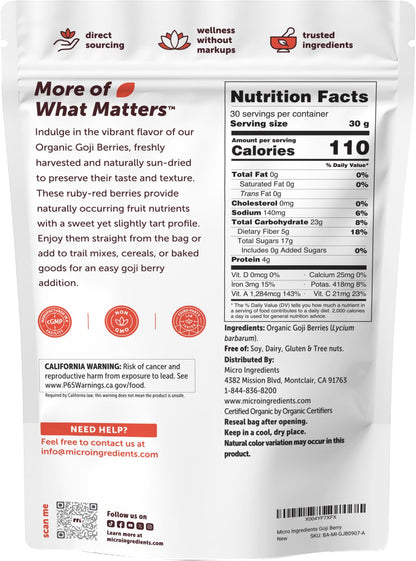 Micro Ingredients Organic Goji Berries 2lbs (32oz) | Large Whole Sun-Dried Berries | Raw Wolfberries | Natural Flavor for Trail Mix, Juice, & Tea | Sulfate Free, Vegan Friendly, Non-GMO
