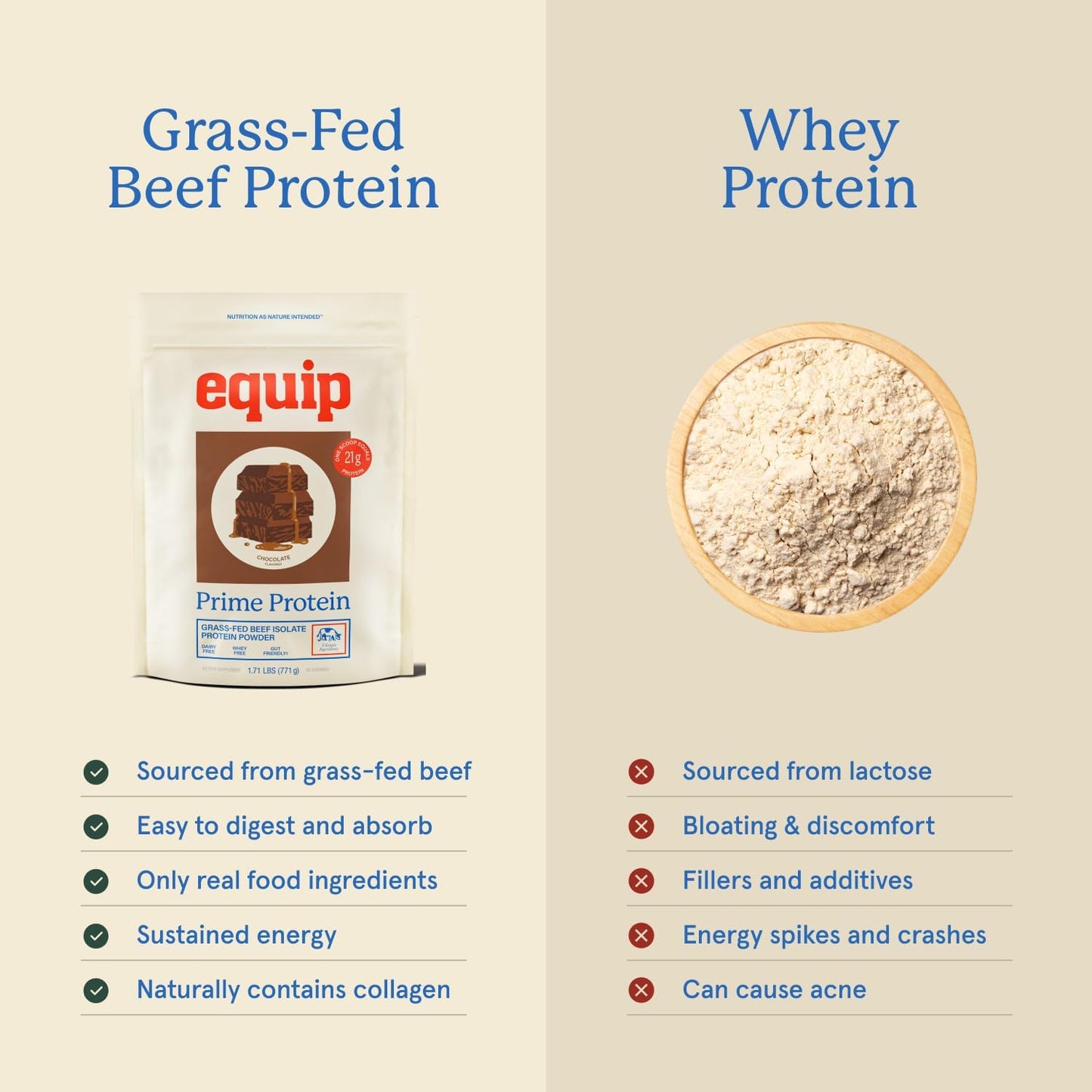 Equip Prime Chocolate Protein Powder - Gut-Friendly, No Sugar Protein Shake Powder with Grass-Fed Beef & Natural Collagen - Rich & Creamy Mix - 21g Per Serving - Whey & Dairy-Free (30 Scoops)