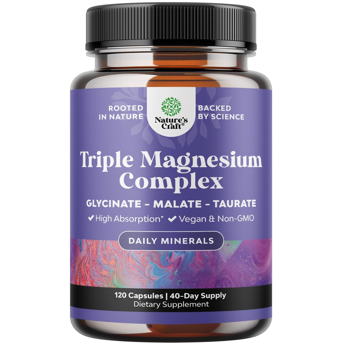Triple Magnesium Complex Supplement - High Absorption Magnesium Glycinate, Malate & Taurate Blend for Muscles Energy Support & Heart Health - Triple Mg Complex 400 mg Capsules - 180 Count