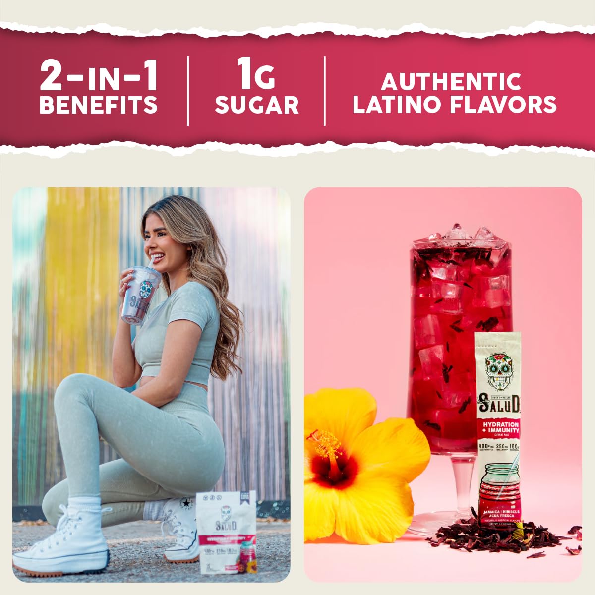 Salud 2-Pack |2-in-1 Energy + Focus (Cucumber Lime) & Hydration + Immunity (Hibiscus) – 15 Servings Each, Agua Fresca Drink Mix, Non-GMO, Gluten Free, Vegan, Low Calorie, 1g of Sugar
