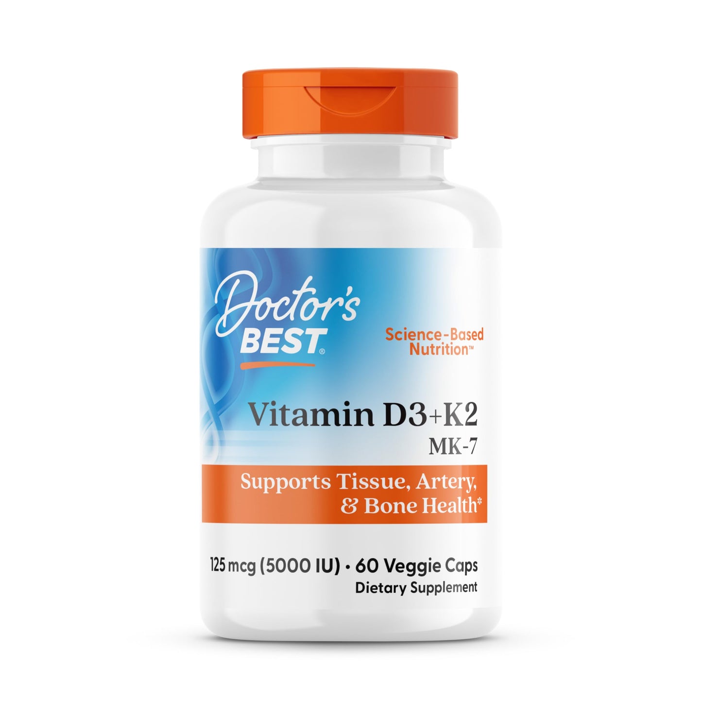 Doctor's Best Vitamin D3 and K2 Supplement for Men & Women - Vitamin D3 5000 IU + K2 as MK-7, Bone Health Support, Gluten Free, Non GMO, Vegetarian Capsules - 60 Veg Caps