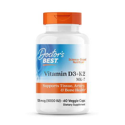 Doctor's Best Vitamin D3 and K2 Supplement for Men & Women - Vitamin D3 5000 IU + K2 as MK-7, Bone Health Support, Gluten Free, Non GMO, Vegetarian Capsules - 60 Veg Caps