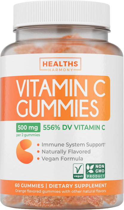 Vegan Vitamin C Gummies for Adults - Immune Support Gummies with Chewable Vitamin C 500mg per Serving for Daily and Seasonal Wellness - High Potency Non-GMO Formula - Orange Flavor (1 Month Supply)