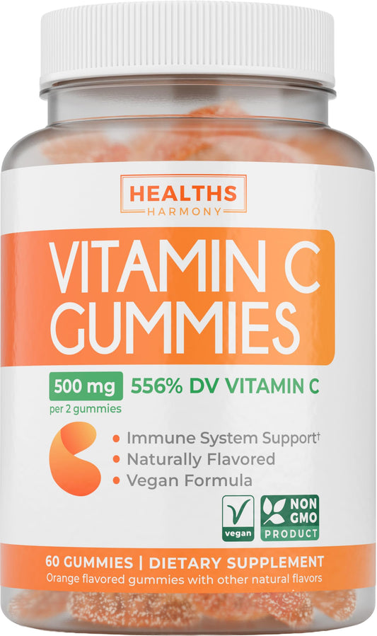 Vegan Vitamin C Gummies for Adults - Immune Support Gummies with Chewable Vitamin C 500mg per Serving for Daily and Seasonal Wellness - High Potency Non-GMO Formula - Orange Flavor (1 Month Supply)