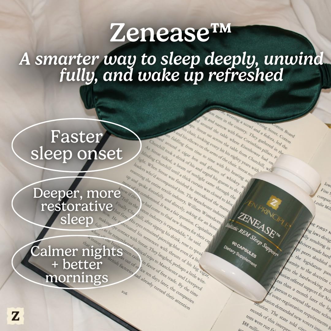 Zen Principle Zenease Sleep Support with Magnesium Glycinate, Ashwagandha KSM-66®, Saffron, L-Theanine & GABA – No Melatonin, Natural Stress Relief & Sleep Aid. 90 Capsules