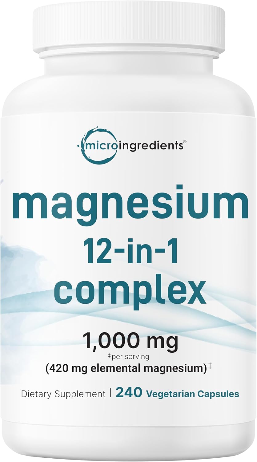 Micro Ingredients 12‑in‑1 Magnesium Complex 1000 mg, 240 Capsules – Magnesium Glycinate, Citrate, Taurate, Malate & More – High Absorption Formula for Men & Women – Chelated & Purified