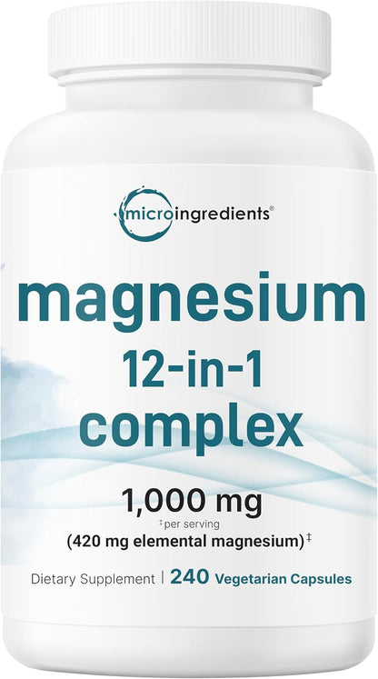 Micro Ingredients 12‑in‑1 Magnesium Complex 1000 mg, 240 Capsules – Magnesium Glycinate, Citrate, Taurate, Malate & More – High Absorption Formula for Men & Women – Chelated & Purified