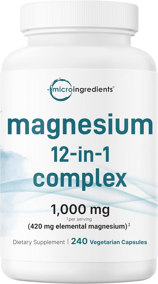 Micro Ingredients 12‑in‑1 Magnesium Complex 1000 mg, 240 Capsules – Magnesium Glycinate, Citrate, Taurate, Malate & More – High Absorption Formula for Men & Women – Chelated & Purified