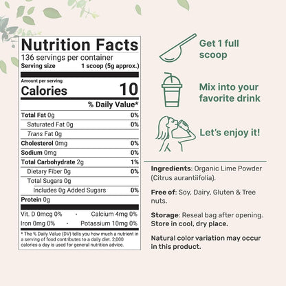 Organic Freeze-Dried Lime Powder, 1.5lbs | Raw Lime Juice Flavor, Sugar Free Drink Mix, Rich in Vitamin C | Water Flavor Enhancer, Great for Beverages & Smoothies | Additive Free, Non-GMO