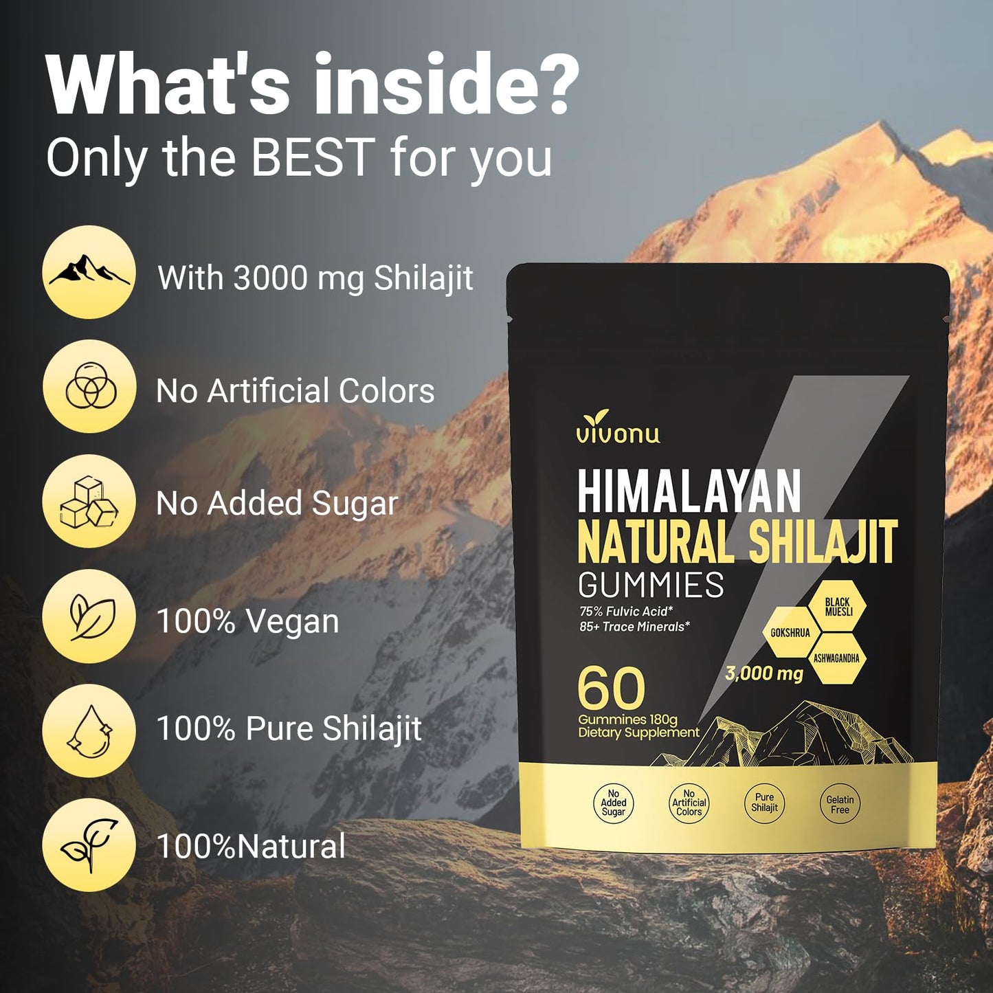 VivoNu Shilajit* Gummies,Pure Himalayan* micronutrient Supplement, Himalayan Premium Ingredient with Shilajit, Ashwagandha, Gokshura, Fulvic Acid & 85+ Trace Minerals I for Men & Women (4000MG/1 Bag)