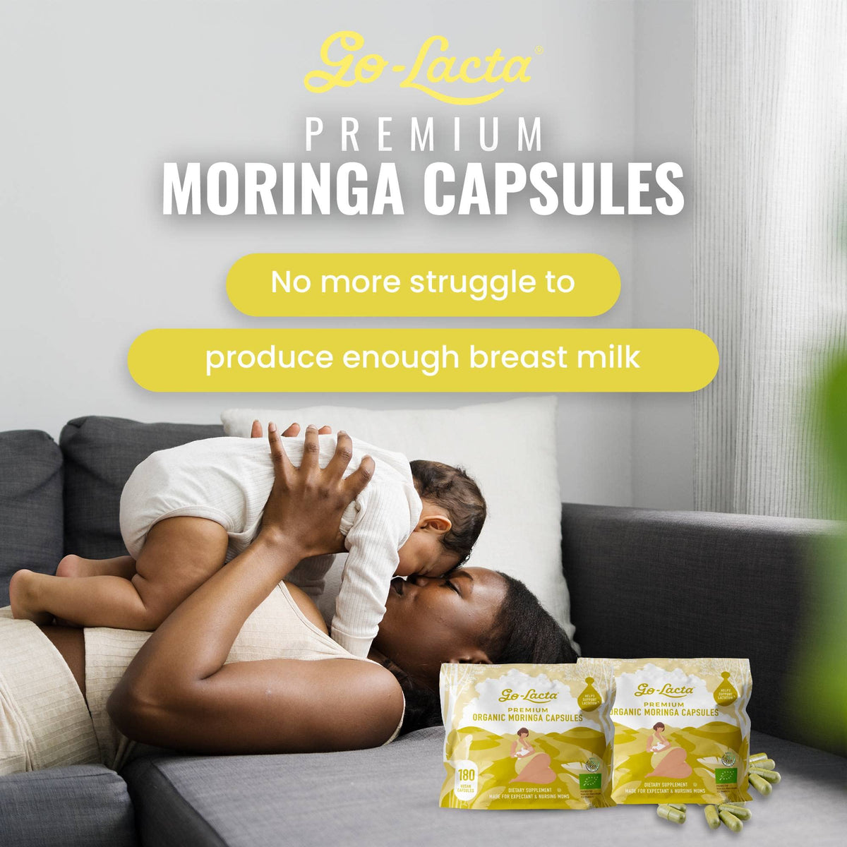 Go-Lacta 100% Organic Premium Moringa Capsules for Breastfeeding - Build Breast Milk