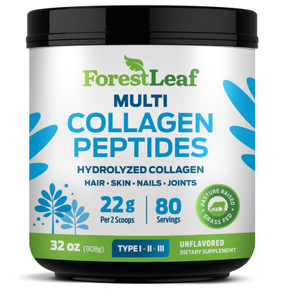 ForestLeaf Collagen Peptides Powder Unflavored - Hydrolyzed Grass Fed Keto Collagen Protein Powder Type 1, 2 & 3 - Vital Hair, Skin, Nails, Joints, Recovery, 11g Per Serving