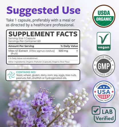 Organic Vitex Chasteberry Supplement for Women - High Strength Chaste Tree Berry Extract Supports Hormone Balance for Women from PMS to Menopause - Filler Free Vegan & Non-GMO (2 Month Supply)