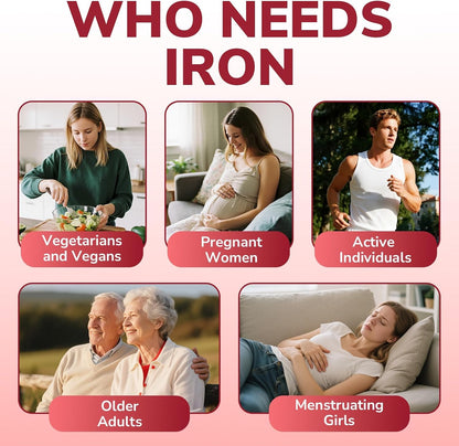 Vitalibre Iron Supplement for Women & Men, 65 mg, Ferrous Sulfate, Vitamin C, D3, B6, B12, Folate, Beet Root, Spinach, Pumpkin Seeds, Nettle, for Red Blood Cell & Energy Production, 60 Tablets