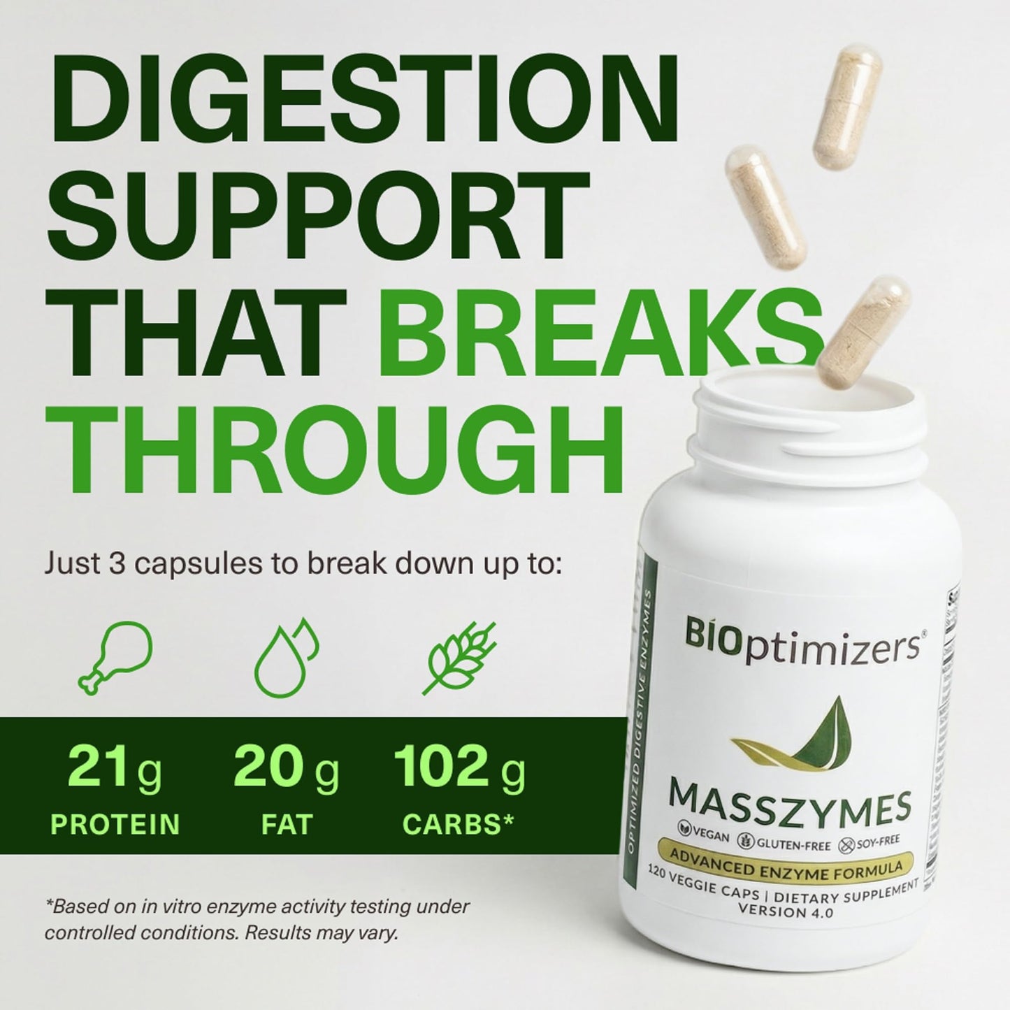 BIOptimizers MassZymes - Complete Digestive Enzymes Supplement for Gut Health - Bloating Relief for Men and Women - Lipase Amylase Bromelain Digestive Enzymes (120 Capsules)