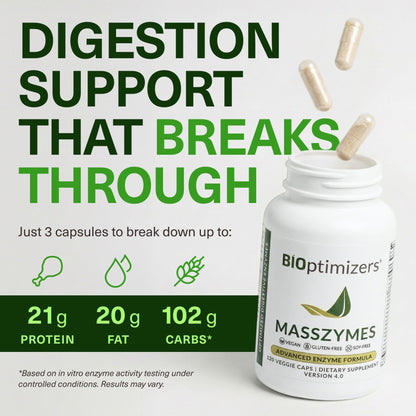 BIOptimizers MassZymes - Complete Digestive Enzymes Supplement for Gut Health - Bloating Relief for Men and Women - Lipase Amylase Bromelain Digestive Enzymes (120 Capsules)