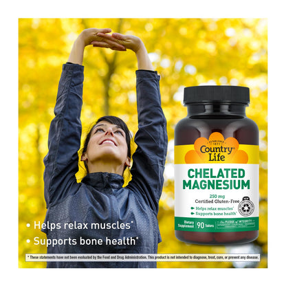 Country Life, Chelated Magnesium 250mg, Supports Bone and Immune Health, Daily Supplement, 240 ct
