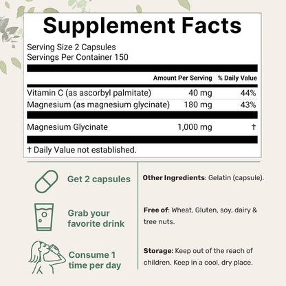 Pure Magnesium Glycinate 1,000mg, 300 Capsules | 100% Chelated for Max Absorption | Enhanced with Vitamin C | Only Uses Active Ingredients