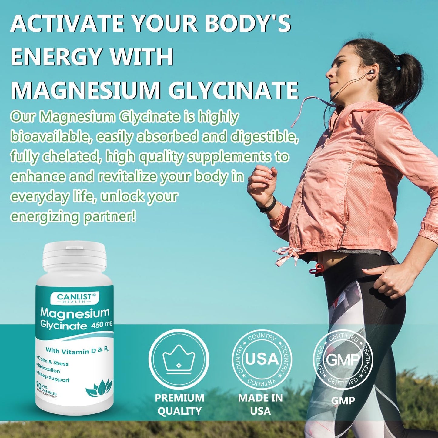 CANLIST Magnesium Glycinate Supplements 450mg for Bone & Muscle Health, Supports Deep Sleep, Muscle Relaxation & Stress Relief, High Absorption, Vegan, Non-GMO, 90 Capsules