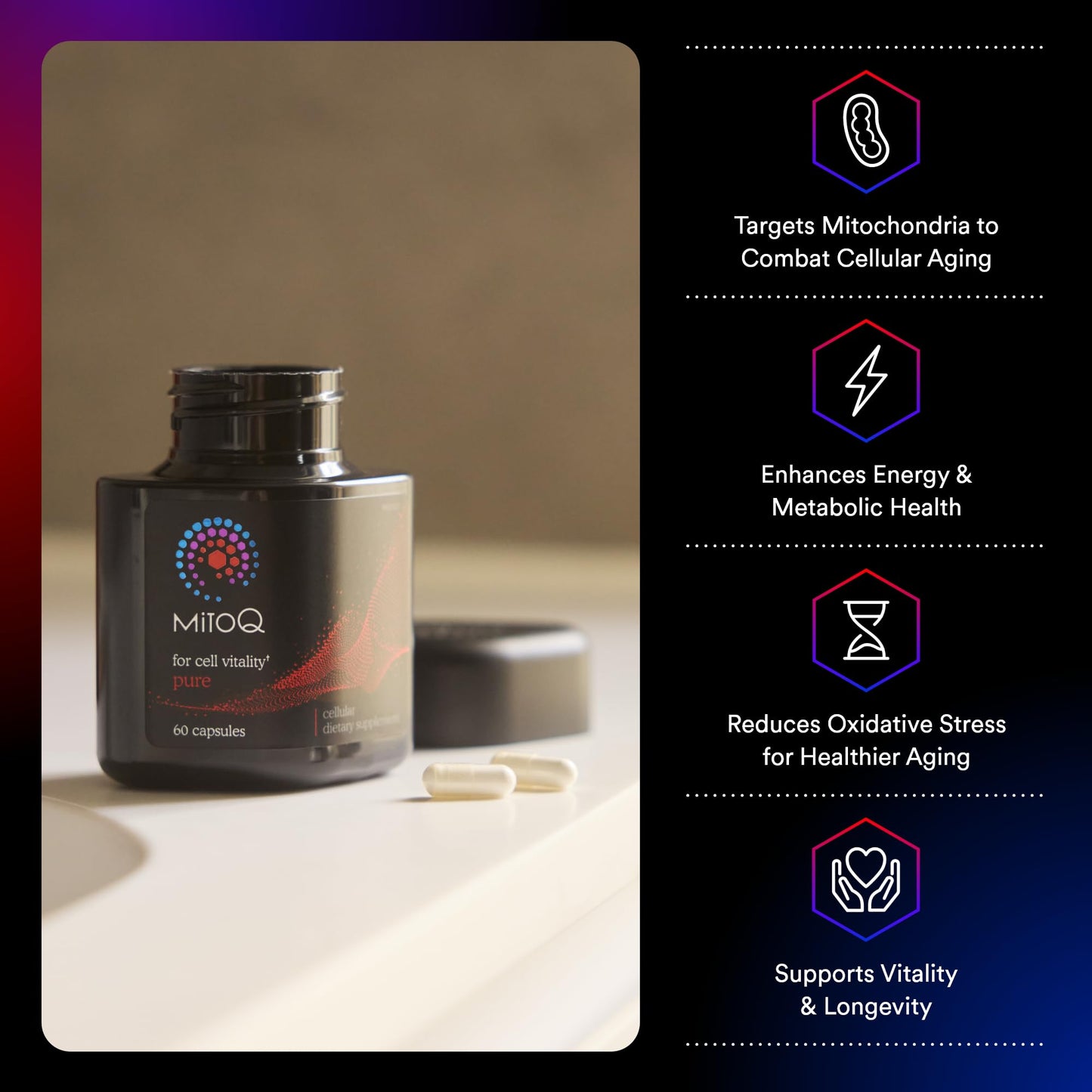MitoQ Pure Advanced Mitochondria Supplement - Superior Bioavailability to CoQ10 - Patented Vitality Supplement for Sustained Energy, Heart Health, Metabolic Support, and Healthy Aging (60 Capsules)
